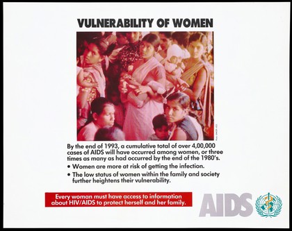 A crowd of Indian women holding babies; representing a warning by the World Health Organization about for the vulnerability of women and HIV/AIDS. Colour lithograph, ca. 1994.