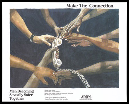 The arms of black and white men reach out to touch a phone; an advertisement for weekly phone groups for gay men by the group Aries to help promote safer sex to prevent AIDS. Colour lithograph by Woodfin, 1992.