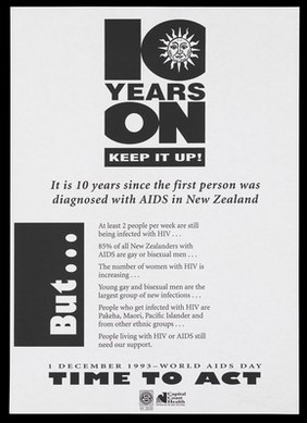 A sun in the '0' of the number '10' with a list of statistics about AIDS and HIV in New Zealand representing an advertisement for World AIDS Day, 1 December 1993 by the New Zealand AIDS Foundation and Capital Coast Health.