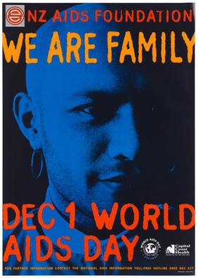 The face of a man with an earring representing an advertisement for World AIDS Day on 1st December by the New Zealand AIDS Foundation. Colour lithograph by Mark Graham.