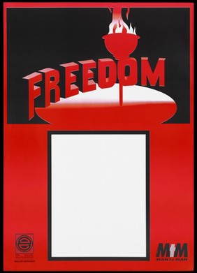 A torch with the words 'Freedom' above a white rectangle representing an advertisement for Man To Man by the New Zealand AIDS Foundation.