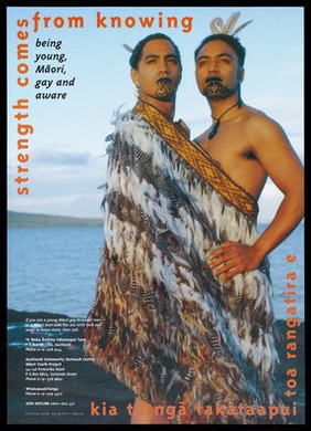 Two young M¯aori men standing with face decoration and a feather wrap against the backdrop of the sea representing an advertisement for AIDS helplines for M¯aori gay/bisexual men; advertisement by Te Waka ¯Awhina Takataapui Tane. Colour lithograph by Albert Sword.