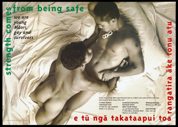 A naked M¯aori man lies on top of another on a bed representing an advertisement for AIDS helplines for M¯aori gay/bisexual men; advertisement by Te Waka ¯Awhina Takataapui Tane. Colour lithograph by Albert Sword.