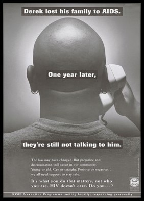 The back view of a bald-headed man holding a telephone to his ear representing a man whose family have deserted him because he has AIDS; advertisement for the New Zealand AIDS Prevention Program. Lithograph by Albert Sword.