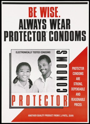 view A Fijian man and woman representing an advertisement for electronically tested Protector Condoms by C J Patel.