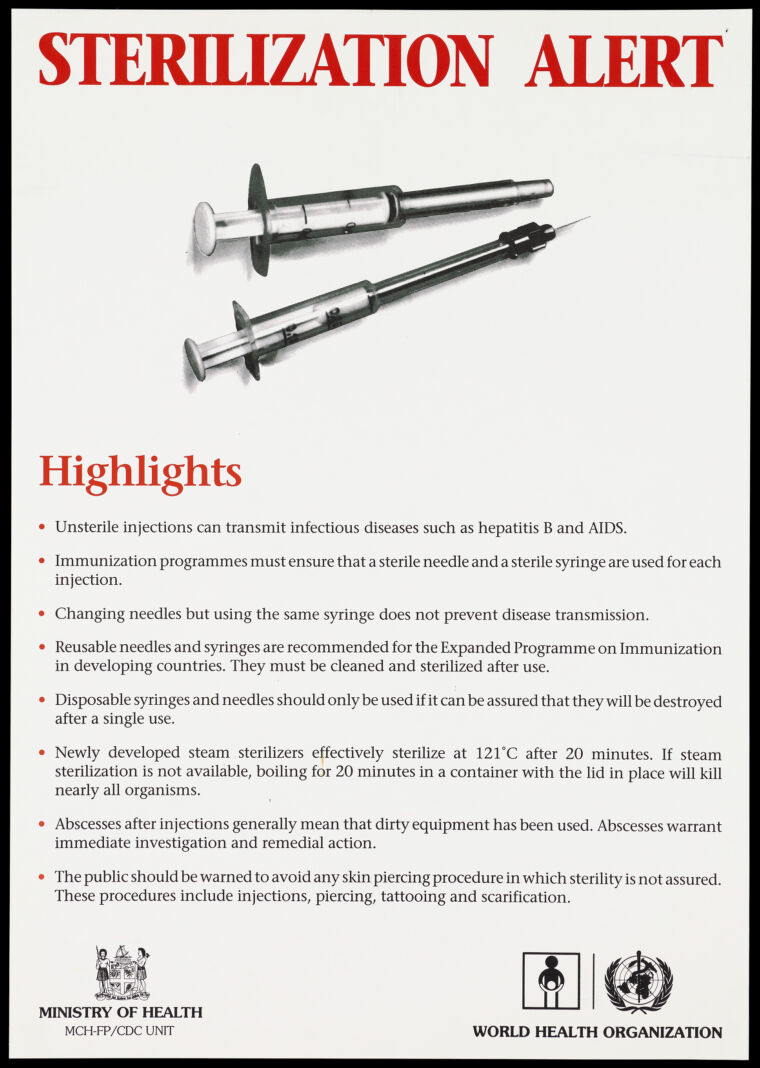 Two syringes with a public warning about the importance of needle sterilization to prevent the