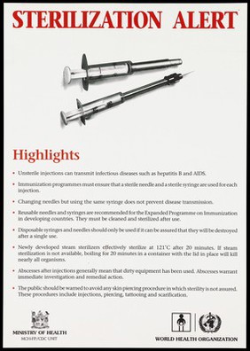 Two syringes with a public warning about the importance of needle sterilization to prevent the spread of diseases like AIDS; an advertisement by the Ministry of Health, Fiji and World Health Organization.