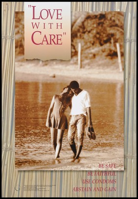 A couple walking along a beach, representing a safer sex advertisement by the Pacific Islands AIDS and STD Prevention Programme (PIASPP). Colour lithograph by Jipé Le Bars and Martial Dosdane, 1992.