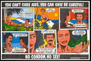 view Cartoon sequence in which a Fijian woman invites a man to a beach party after which she rejects having sex with him because he does not have a condom; safe sex advertisement by the Fiji Red Cross Society. Colour lithograph by Mike Reymond.