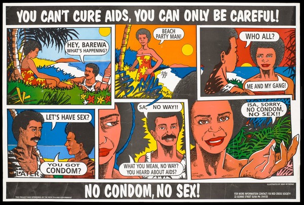 Cartoon sequence in which a Fijian woman invites a man to a beach party after which she rejects having sex with him because he does not have a condom; safe sex advertisement by the Fiji Red Cross Society. Colour lithograph by Mike Reymond.