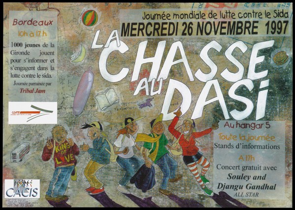 A group of youths dancing in a line against a backdrop of graffiti illustrations relating to youth culture including a condom balloon and a burger; an advertisement for a concert in Bordeaux in aid of Journée Mondiale de Lutte Contre de SIDA by CACIS, Centre Social, Bordeaux .