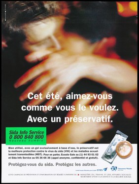A open condom packet with a gay couple embracing and the message: "be as you want with a condom ... the best protection against HIV and STD's"; advertisement for the Ecoute Gaie and SIDA Info Service by the Comité Français d'Education pour la Santé (CFES) and l'Assurance Maladie sécurit sociale.