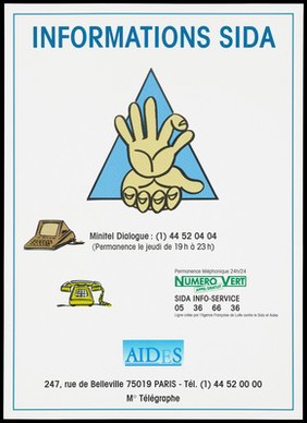 Two hands on top of each other within a blue triangle with a computer screen and telephone and details of the AIDS information services: Minitel Dialogue, Numero Vert and the SIDA Info-Service; advertisement by AIDES.