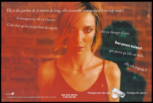 A woman in a red vest with a description of her and a condom with the message to "protect against AIDS. Protect others"; an advertisement for the SIDA Info Service by the CFES and Ministère de l'Emploi et de la Solidarité, Secrétariat d'état à la Santé.