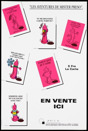 "The adventures of Mr Preso" with a condom holding various items including an ice cream, a bunch of flowers, a heart and a banana; advertisement for condom cards by ADIS, Association Départementale d'Information sur le SIDA et de Solidarité. Colour lithograph by Pascal, 1985.