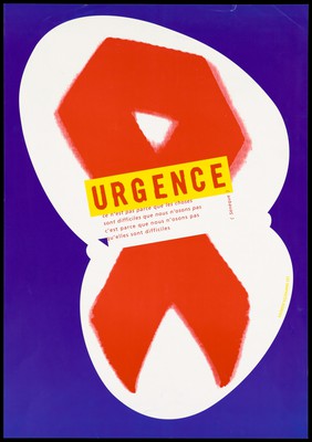 Recto: the AIDS red ribbon within a white outline with a message in French: "Emergency. This is not because things are difficult that we dare not [it is] because we do not dare that they are difficult"; verso: the same outline shape in blue with details of the CRIPS team with a message: 'best wishes for 1995'; advertisement by CRIPS [Centre Régional d'Information et de Prévention du SIDA Nord - Pas-de-Calais]. Colour lithograph by Les Graphistes Associes.