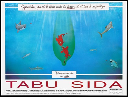 Two red fish appear to swim inside a green condom in an ocean of sharks; representing a warning of the dangers of not using sexual protection and AIDS. Colour lithograph by Lionel Bouhier, 1992.
