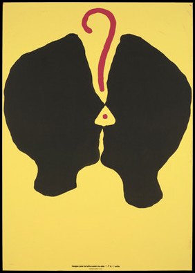 Two black silhouette heads touch but are divided by a red question mark; from afar, the image resembles a black suit on a red hanger; an advertisement for an exhibition of images relating to the fight against AIDS by ARTIS.