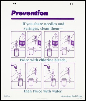 How to clean needles and syringes; twelfth of sixteen advertisement posters by the American Red Cross promoting education about AIDS. Colour lithograph, 1990.