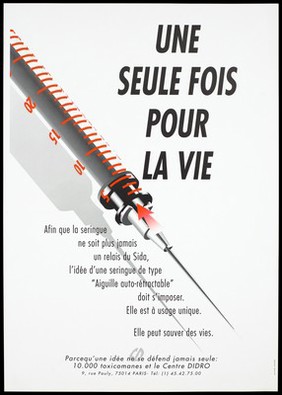 A syringe with red markings and a red arrow pointing up representing an advertisement for a self-retractable needle for single use only by Le Centre Didro.