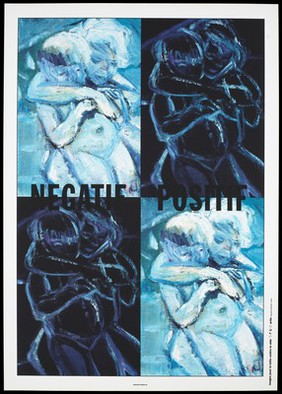 Four versions of a painting of two naked children hugging each other by Marlene Dumas, two as a positive image, the other two as negative suggesting children who are HIV positive or negative; an advertisement for an exhibition of images about the fight against AIDS by Artis. Colour lithograph, 1993.