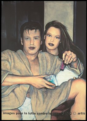 A man sits back wearing an open dressing gown and white shorts with a woman behind; he holds a packet of condoms bearing the lettering: 'Birds'n bees ...'; an advertisement for an exhibition of images about the fight against AIDS by Artis. Colour lithograph, 1993.