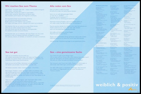 Verso of poster showing a young lesbian woman who is HIV-positive comments on the sexual needs of those living with the condition. Colour lithograph after R. Westerwelle, 1994.