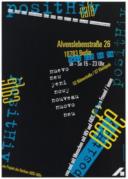 The opening of the PositHiv Café, Berlin, and its services to HIV-positive people. Colour lithograph after E. Galindo, 1994.