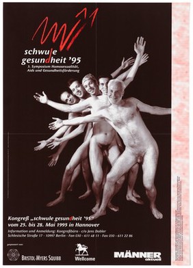 Five naked men stand behind each other with their arms splayed and knees bent representing an advertisement for Gay health '95 3rd Symposium on homosexuality. Colour lithograph by Wolfgang Bauer and ComDesign Werbegeatentur.