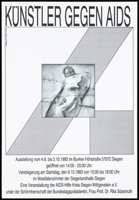 A distorted figure lying down behind barbed wire forming the logo of the organisation AIDS-Hilfe with the word 'Danger'; an advertisement for "Künstler gegen AIDS" [Artists against AIDS], an exhibition in Siegen from 4 September to 3 October 1993. Lithograph by Ch. Hobert - U. Decker.