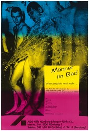 Naked men in a shower; advertising a gay bathing party organised by