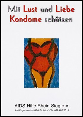 The torso of a woman dressed in red underwear with her hands on her hips representing an advertisement for condoms and safe sex by AIDS-Hilfe Rhein-Sieg e.V. Colour lithograph.