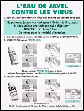 A warning not to re-use syringes with a series of diagrams illustrating instructions on how to disinfect syringes using bleach in the event of re-use; advertisement by I.R.E.P with the help of the Ministére des Affaires sociales, de la Santé de la Ville. Colour lithograph.