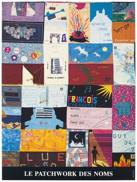 Sections of the AIDS memorial quilt. Colour lithograph by Jean Forest.