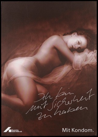 A reclining woman looks out while leaning on one arm with a transparent drape around her and the message "I am concerned with safety"; an advertisement for safe sex by the Deutsche AIDS-Hilfe. Colour lithograph.
