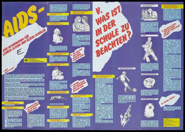 An information sheet about AIDS for parents, teachers and students with 7 questions and answers and illustrations on how AIDS is not transmitted; an advertisement by the Federal Minister for Youth, Family, Women and Health. Colour lithograph by Mike Biele, Papen and Design Werkstatt.