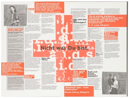 A 4 side pamphlet about AIDS featuring on the front page, a photograph of a couple living with HIV with their arms around each other; an advertisement about AIDS and where to get help by the AIDS-Hilfe Schweiz in collaboration with the Federal Office of Public Health and supported by The Body Shop; features HIV statistics in Europe and quotes from musicians, actors and singers including K. D. Lang. Colour lithograph by Pierre Matthey, Zurich, in cooperation with the members of the PWA (People With AIDS), Switzerland.