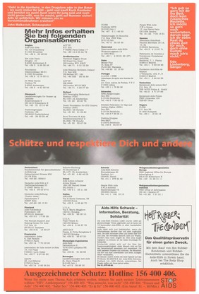 A 4 side pamphlet about AIDS featuring on the front page, a photograph of a couple living with HIV with their arms around each other; an advertisement about AIDS and where to get help by the AIDS-Hilfe Schweiz in collaboration with the Federal Office of Public Health and supported by The Body Shop; features HIV statistics in Europe and quotes from musicians, actors and singers including K. D. Lang. Colour lithograph by Pierre Matthey, Zurich, in cooperation with the members of the PWA (People With AIDS), Switzerland.