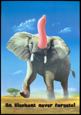 An elephant wearing a condom on its raised trunk runs across a desert representing an advertisement for safe sex by Wizard & Genius-Idealdecor AG. Colour lithograph by Meiklejohn Graphics, 1993.