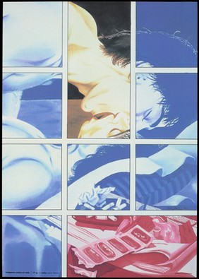 A couple kiss next to a tray of stubbed out cigarettes and half torn condom packets and lubricant within a grid-like composition; one of a series of anti-AIDS posters produced by Artis entitled 'Imágenes contra el SIDA' [Images against AIDS]. Colour lithograph by Nazario, 1994.