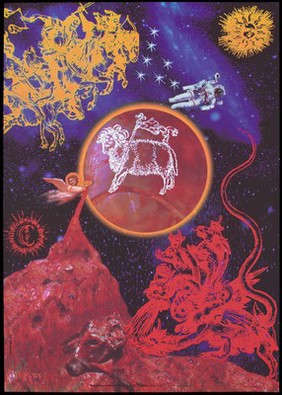 A multi-horned ram holding a staff and flag within a red planet with an orange glow at the centre of a starry universe; a red drawn multi-headed fire-breathing winged serpent and personified half-moon in the lower half of the image, yellow drawn knights on horseback coming to the rescue and a glowing sun in the upper half; an astronaut hovers at the right side of the planet while an angel flies at the left; one of a series of anti-AIDS posters produced by Artis entitled 'Imágenes contra el SIDA' [Images against AIDS]. Colour lithograph by Nelson Garrido, ca. 1994/5.