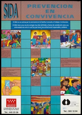 Seven scenes illustrating the importance of solidarity within the family in the face of AIDS within a grid like structure; an advertisement by the Comunidad de Madrid and Comité Ciudadano Anti-SIDA. Colour lithograph, 1990.
