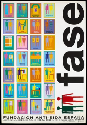 A series of figures within multi-coloured boxes