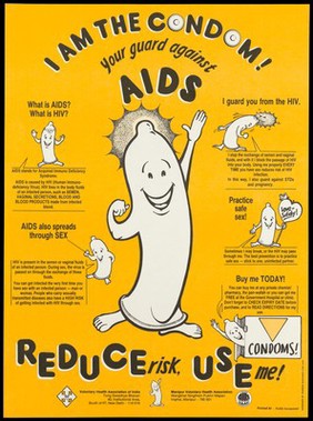 A personified condom waving and explaining in smaller illustrations how to reduce the risk of AIDS; a safe-sex advertisement by the Voluntary Health Association of India and the Manipur Voluntary Health Association. Colour lithograph by Ramesh Sukumar, ca. 1995.