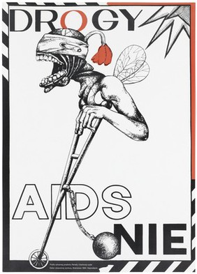 A deformed victim of drug addiction and AIDS. Colour lithograph after R. Vlachová, 1994.