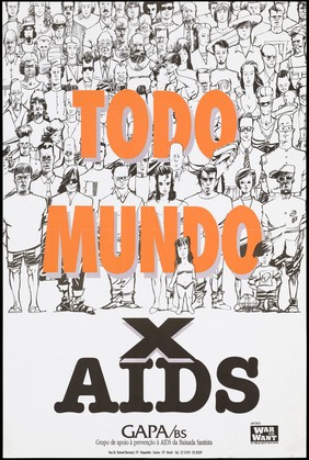 A crowd of people representing the fight against AIDS by the Grupo de Apoio à prevenção à AIDS, Gapa/BS, Brazil. Colour lithograph, ca. 1995.