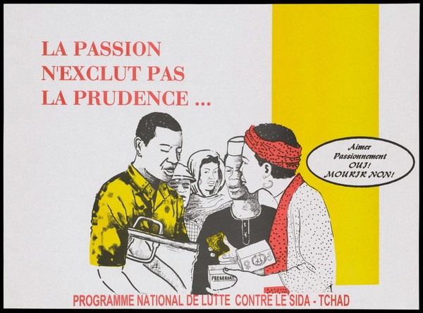 A man offering condoms to a queue of people representing a safe-sex and AIDS prevention advertisement by the Programme National de Lutte Contre le SIDA of Chad. Colour lithograph, ca. 1997.