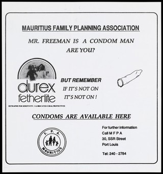 An advertisement for Durex condoms by the Mauritius Family Planning Association. Lithograph, ca. 1996.