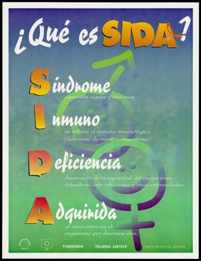 Male and female signs behind a definition of the word 'SIDA' (AIDS) by the Fundasida, Department of AIDS control, Ministry of Health, Costa Rica. Colour lithograph, ca. 1997.
