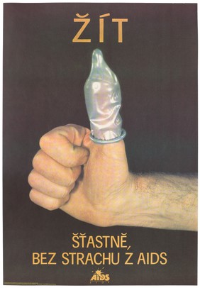 A thumb with a condom, representing protection against AIDS.